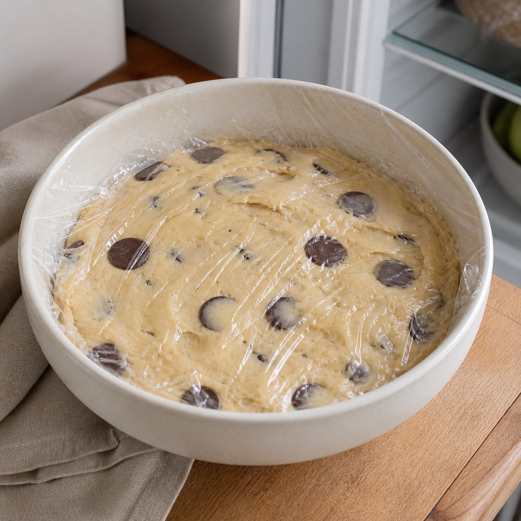 Chocolate chip cookie dough covered with plastic wrap before chilling
