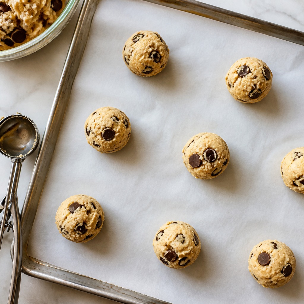 Large chilled cookie dough portions spaced on a parchment lined baking sheet