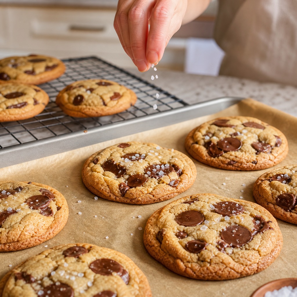 Freshly baked chocolate chip cookies sprinkled with coarse sea salt
