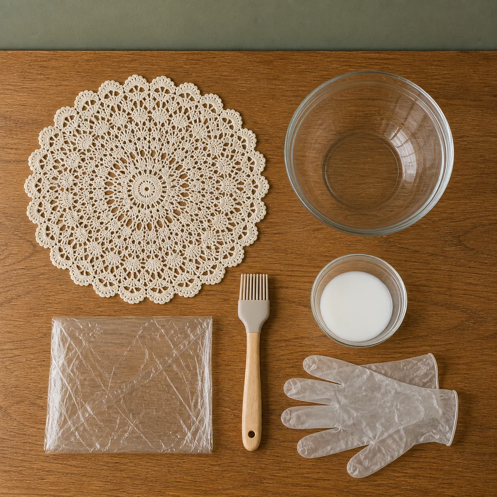Materials for a DIY stiffened lace doily bowl
