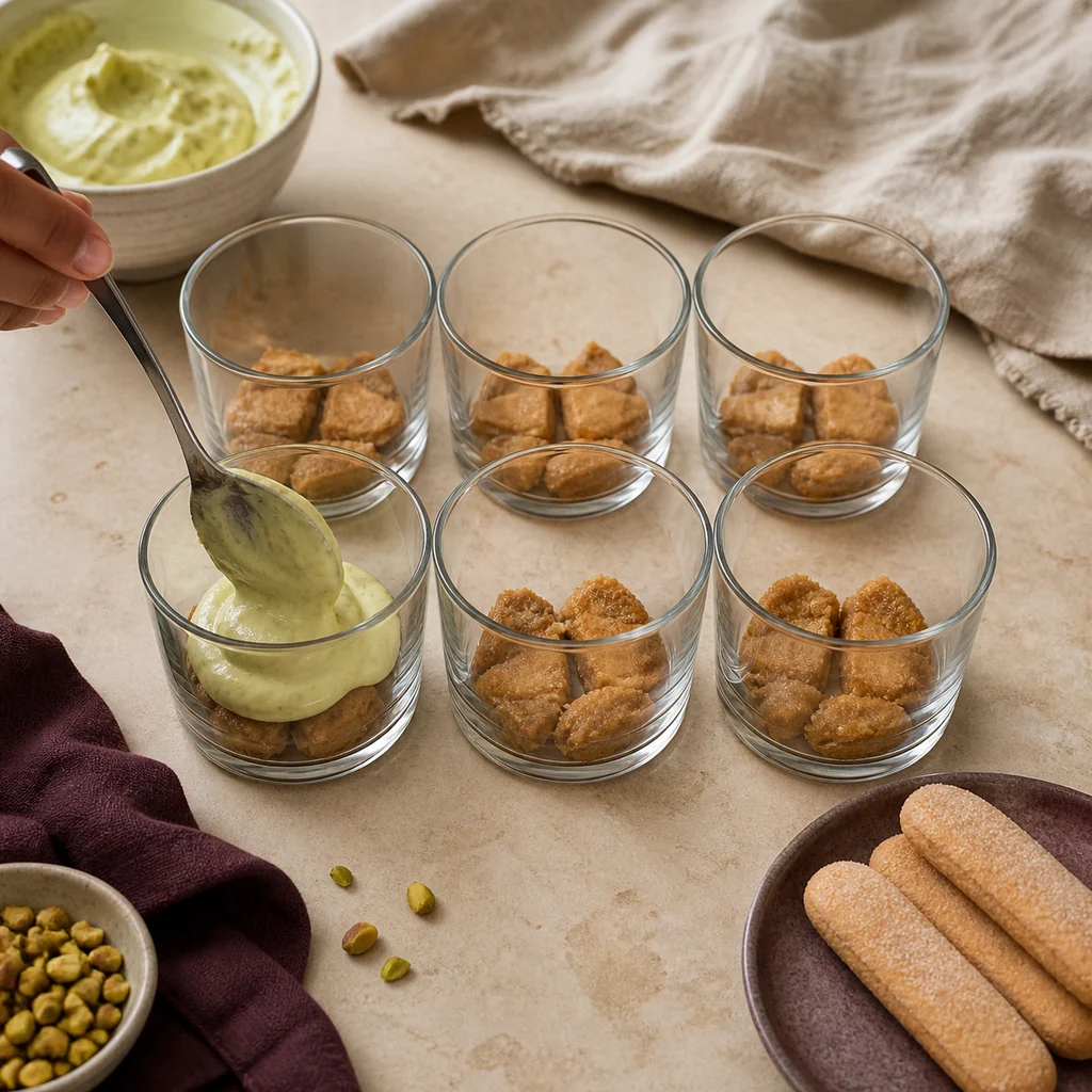 Pistachio cream spooned over espresso-moistened ladyfinger pieces in six cups.