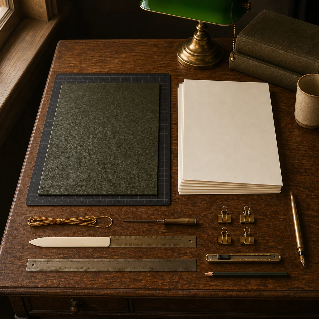 Materials for a handmade leather poetry journal