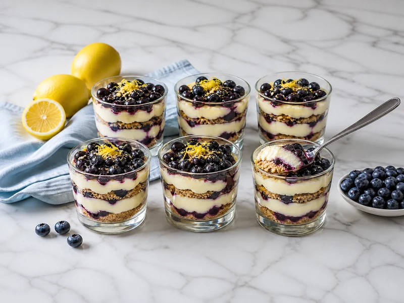 Six lemon blueberry icebox cake cups with creamy lemon layers and graham cracker crumbs.