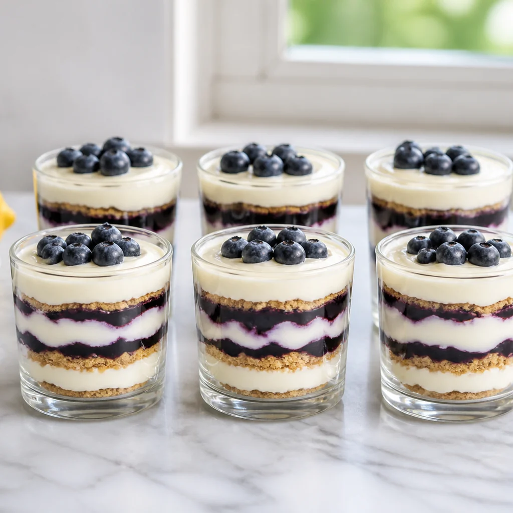 Six finished lemon blueberry icebox cake cups ready to chill and garnish.