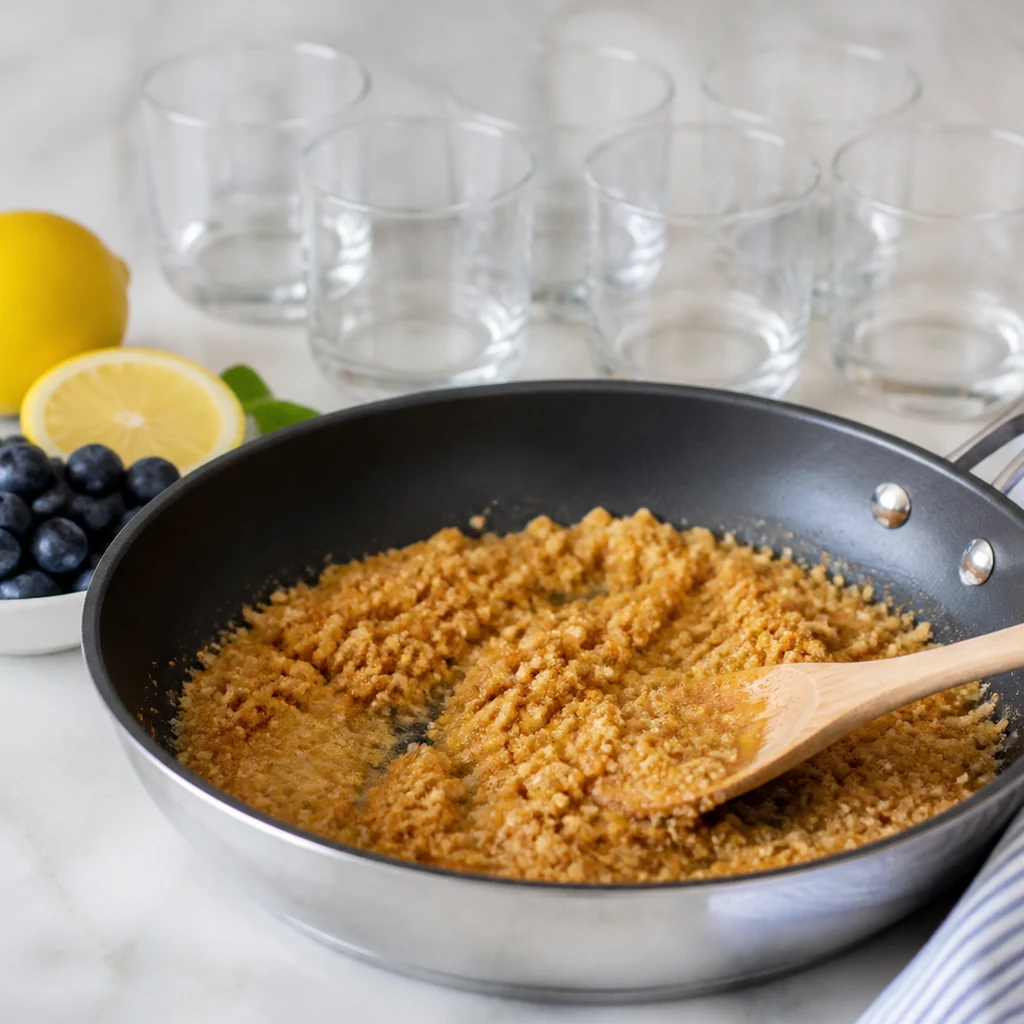 Graham cracker crumbs toasting with butter for the crunchy layer.