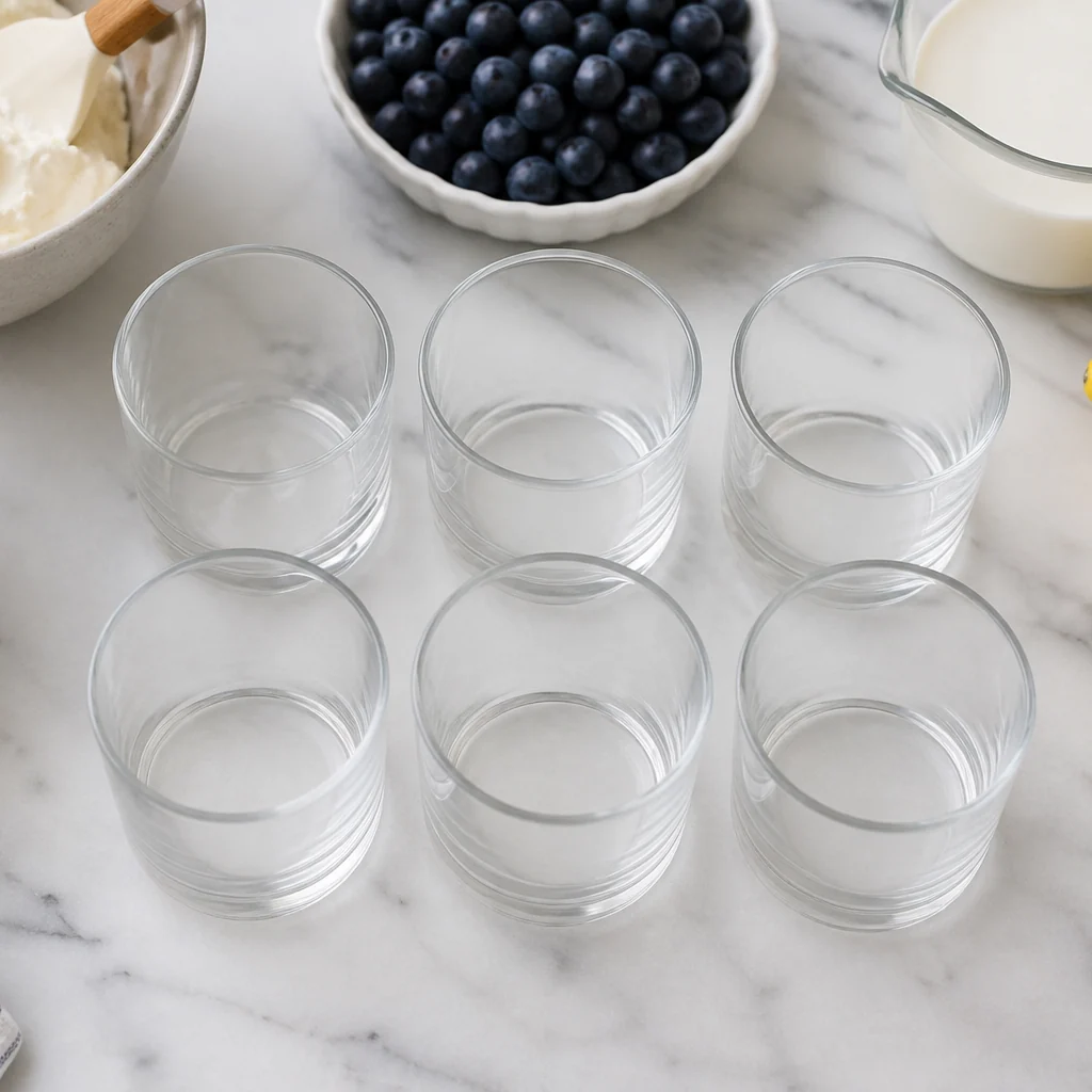 Measured cream cheese, cream, lemons, blueberries, graham crumbs, and six clear glasses.