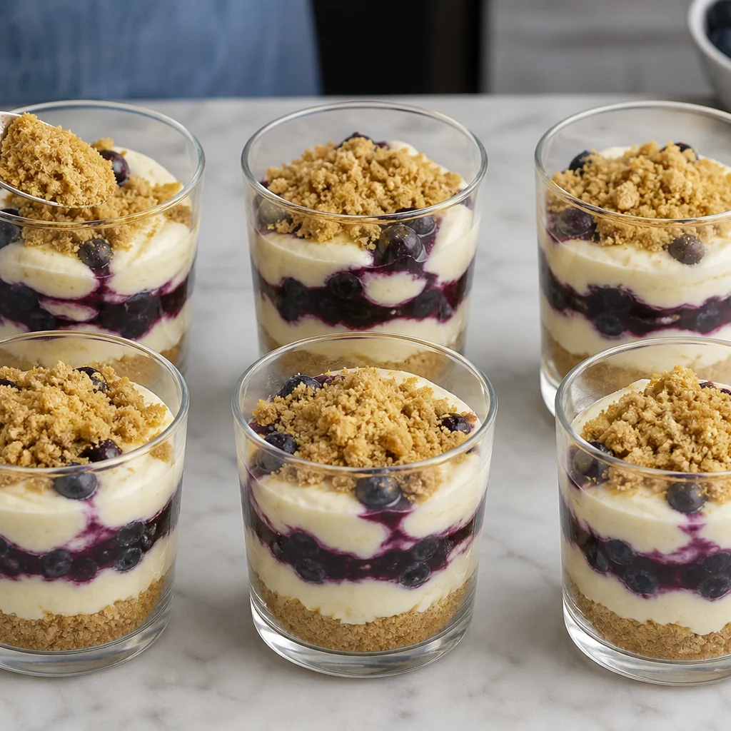 Six layered lemon blueberry icebox cake cups finished with graham crumbs.