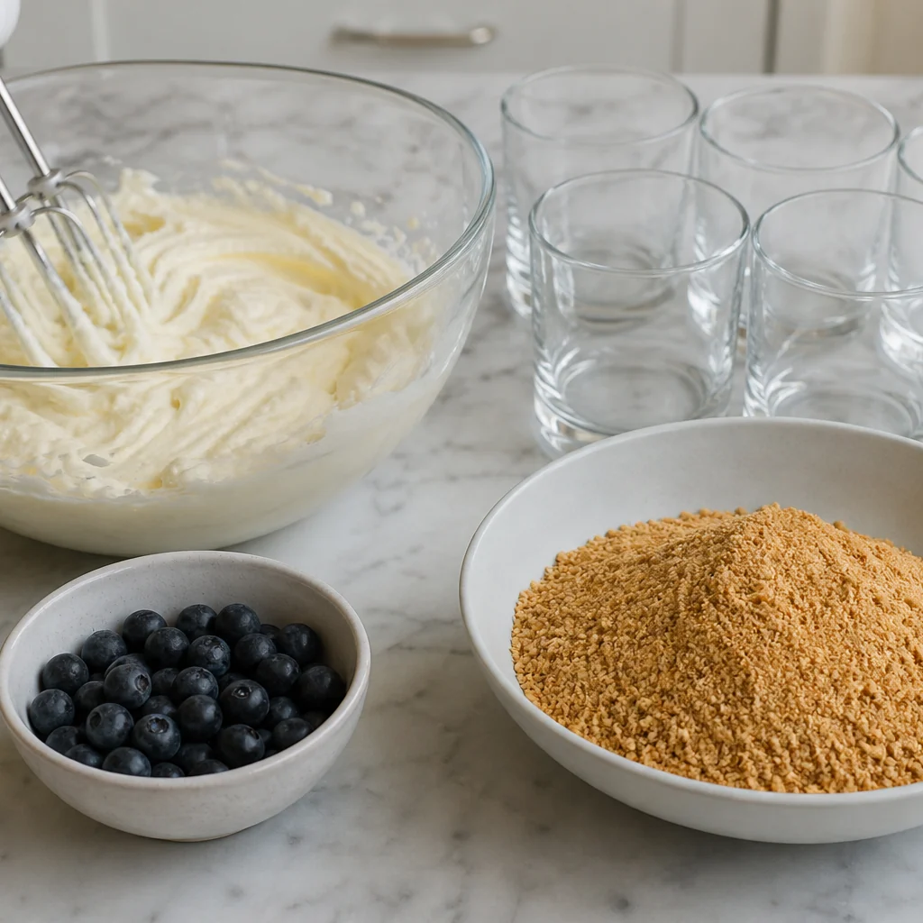 Whipped lemon cream and toasted graham crumbs prepared beside six glasses.