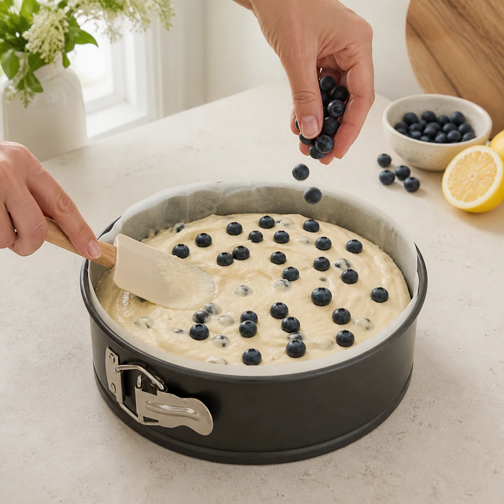 Blueberries folded into batter and scattered over a filled springform pan