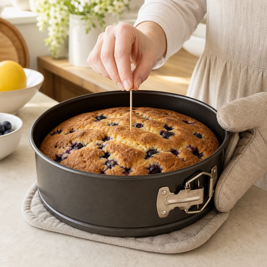 Golden lemon blueberry ricotta cake being checked with a toothpick