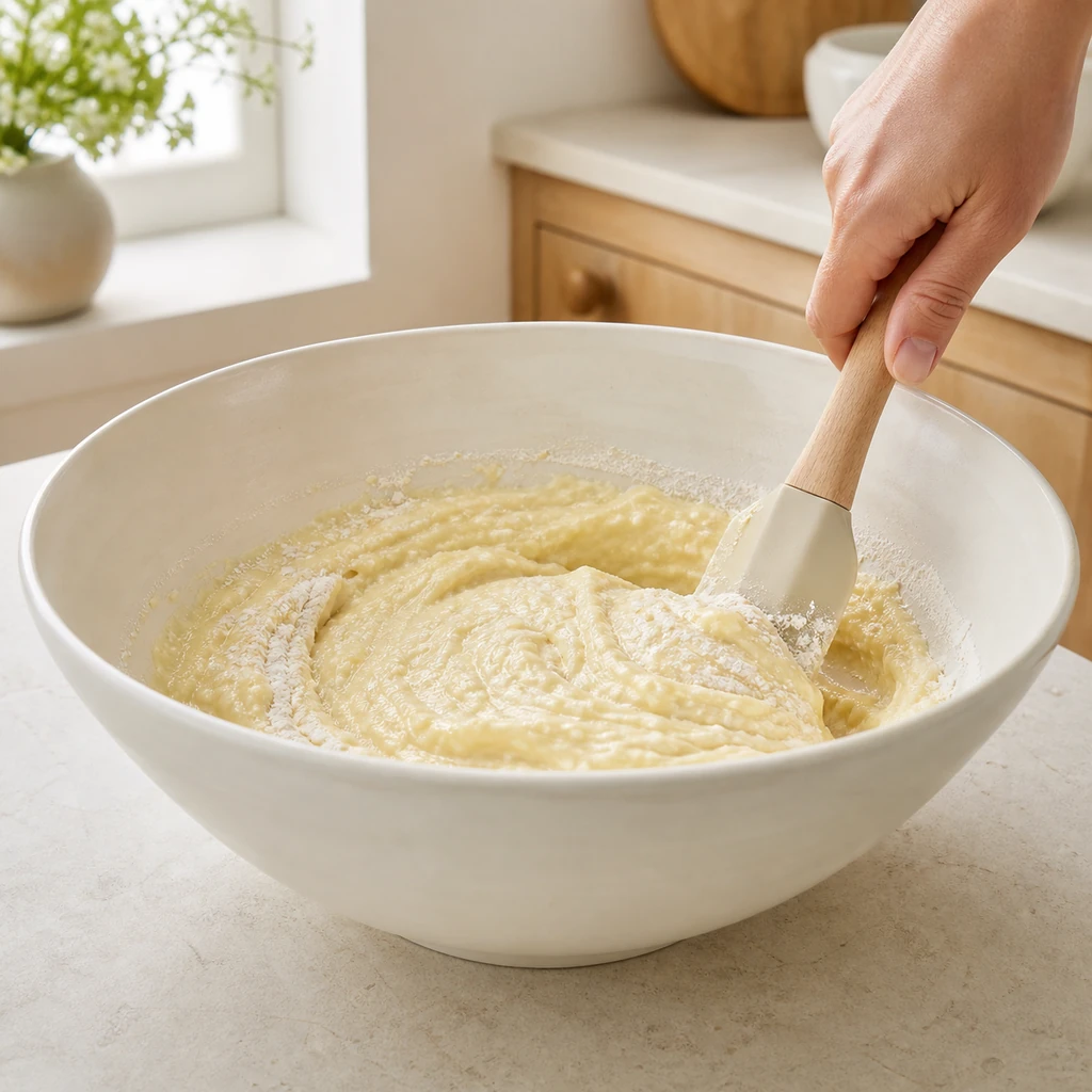 Dry ingredients being gently folded into lemon ricotta batter
