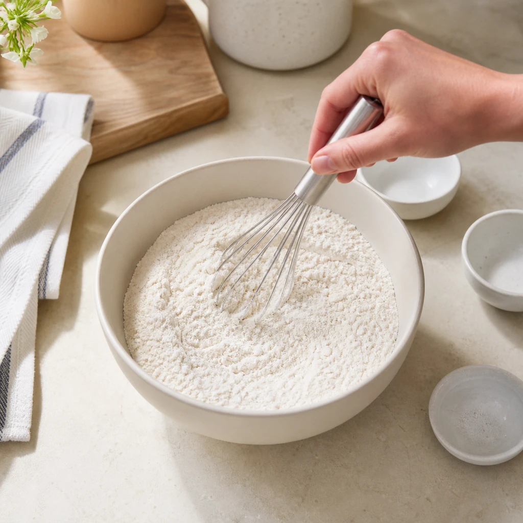 Flour, sugar, baking powder, and salt being whisked together