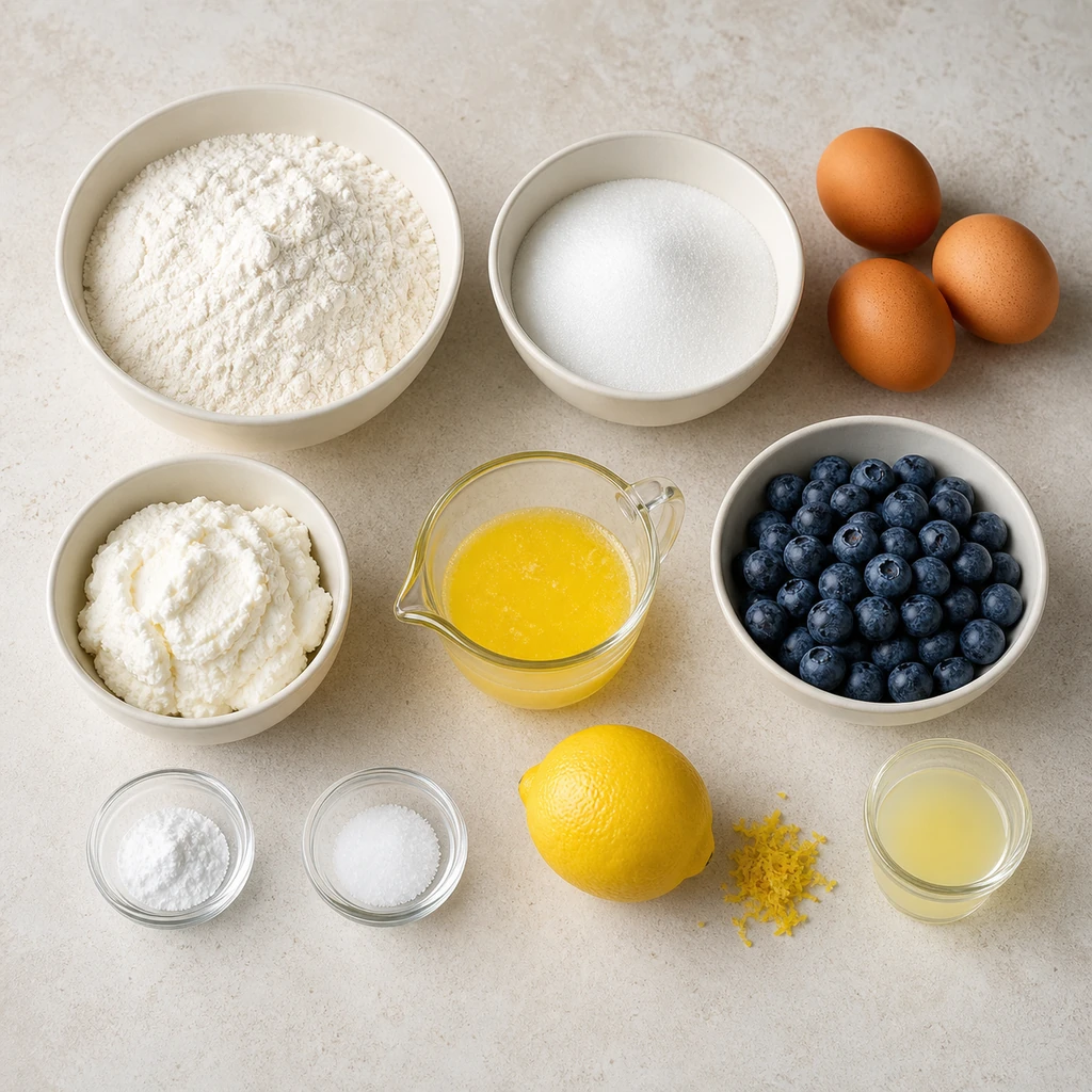 Ingredients for lemon blueberry ricotta cake arranged on a kitchen counter