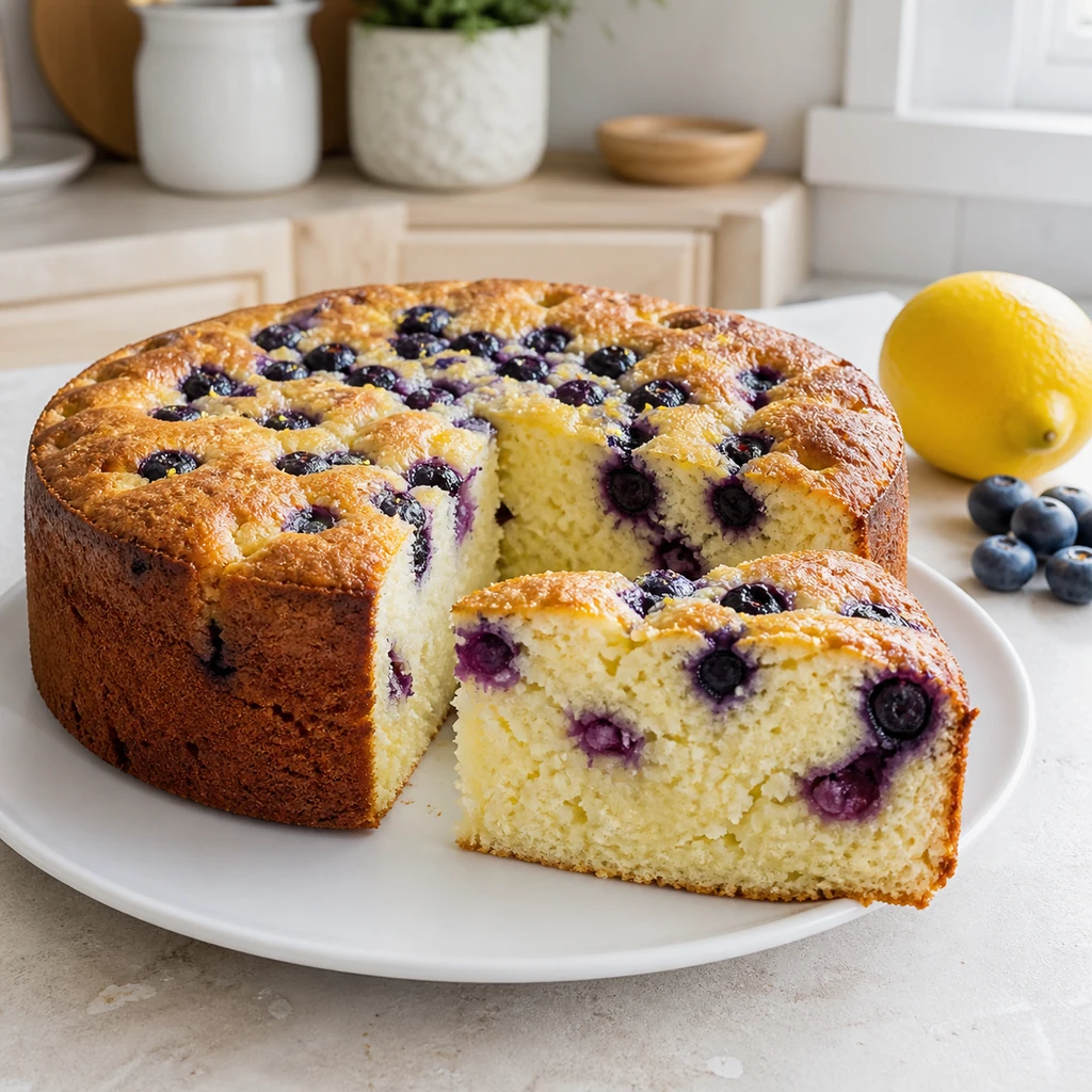 Sliced lemon blueberry ricotta cake showing its moist berry-filled crumb