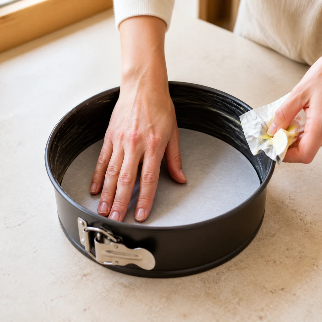A greased springform pan lined with a parchment circle