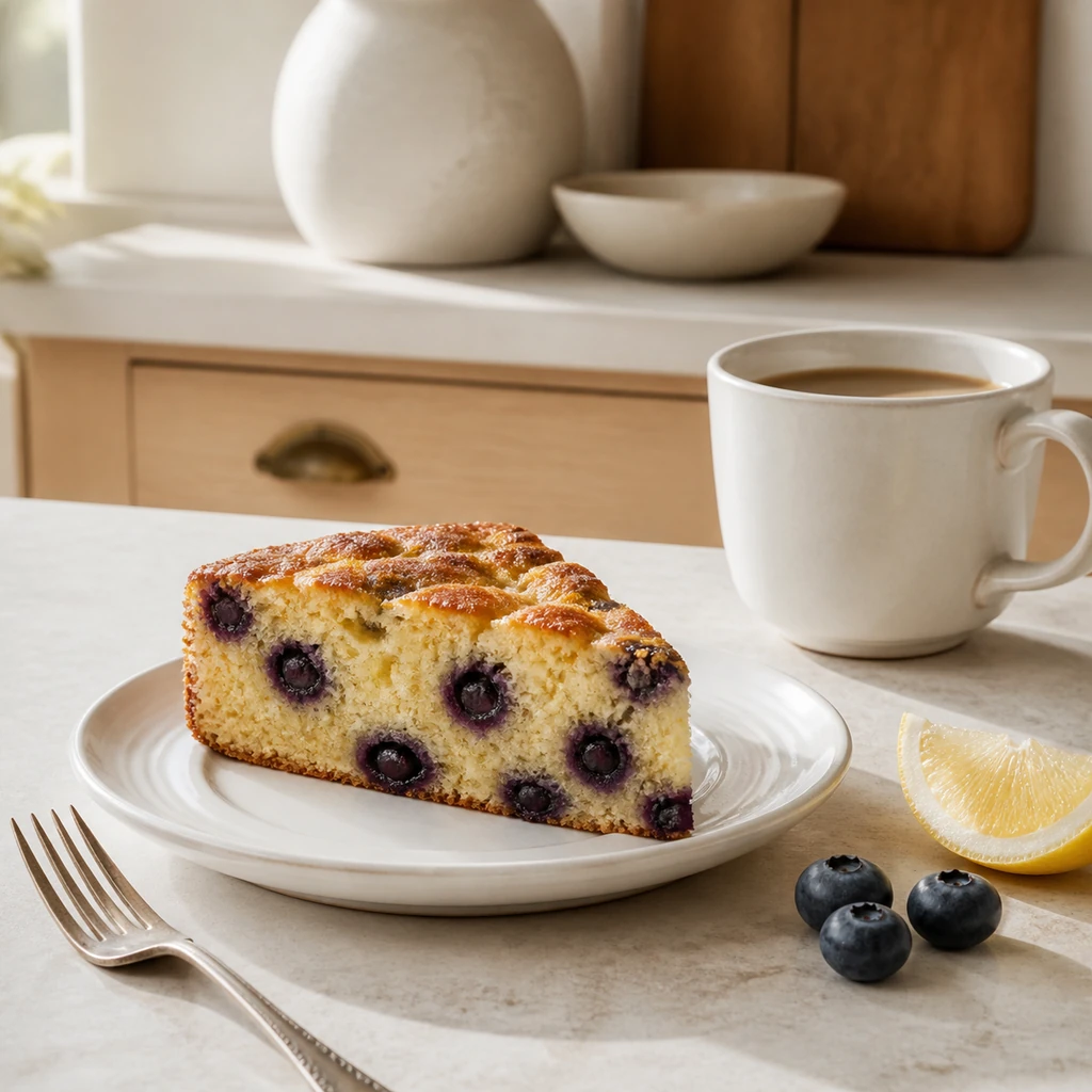A slice of lemon blueberry ricotta cake served with coffee