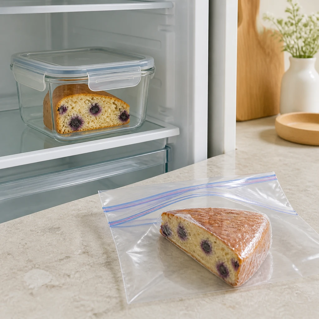 Cake slices stored in an airtight refrigerator container and freezer bag