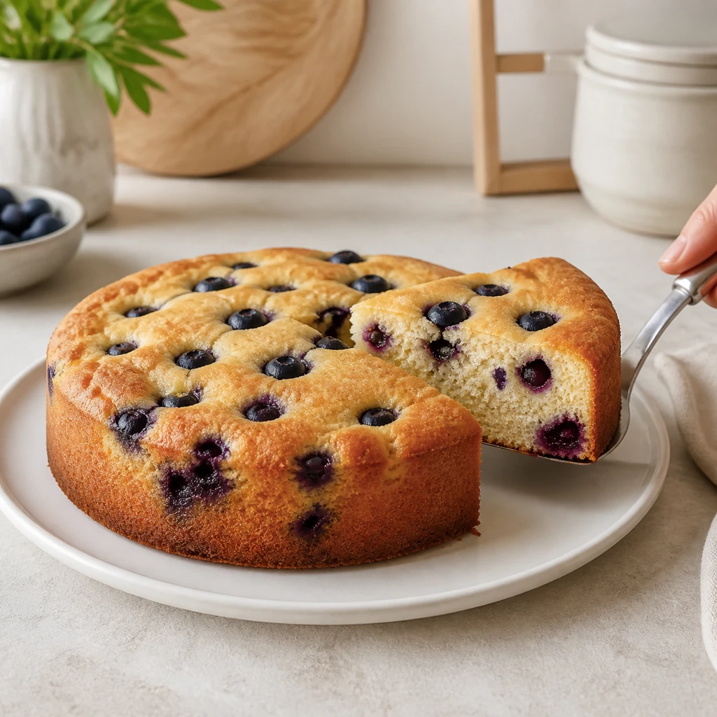 A slice lifted from cooled lemon blueberry ricotta cake