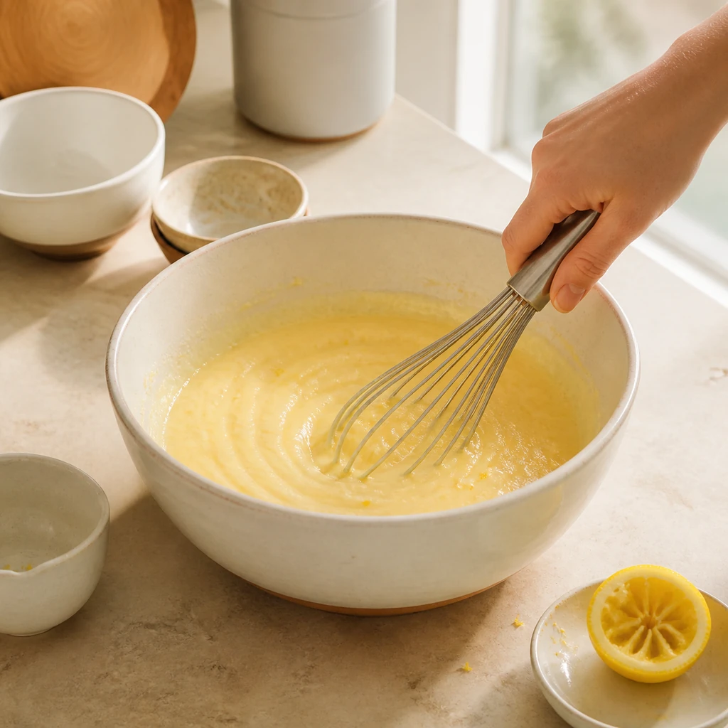 Eggs, ricotta, butter, lemon zest, and lemon juice whisked until smooth