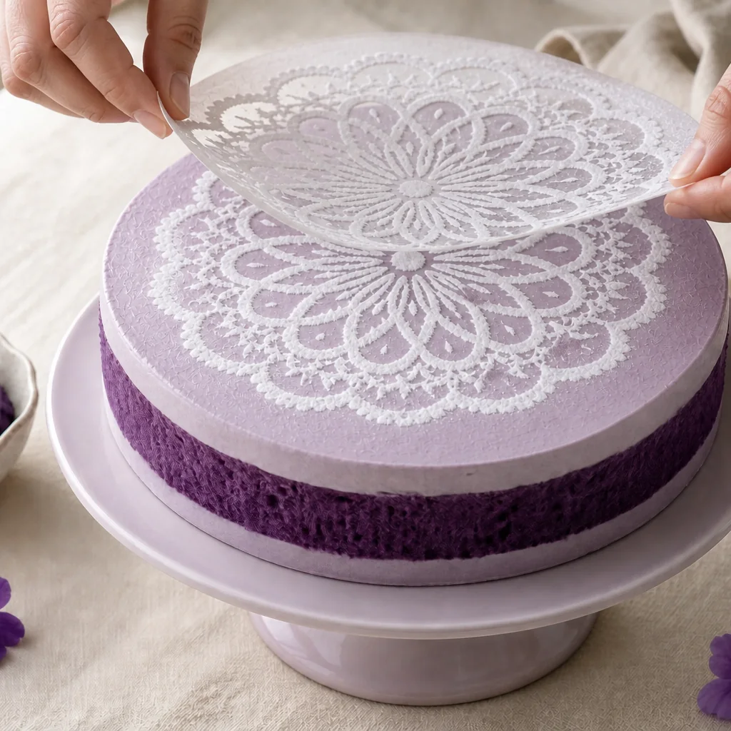 A thin food-safe lace cake stencil being lifted to reveal a flat powdered-sugar pattern.