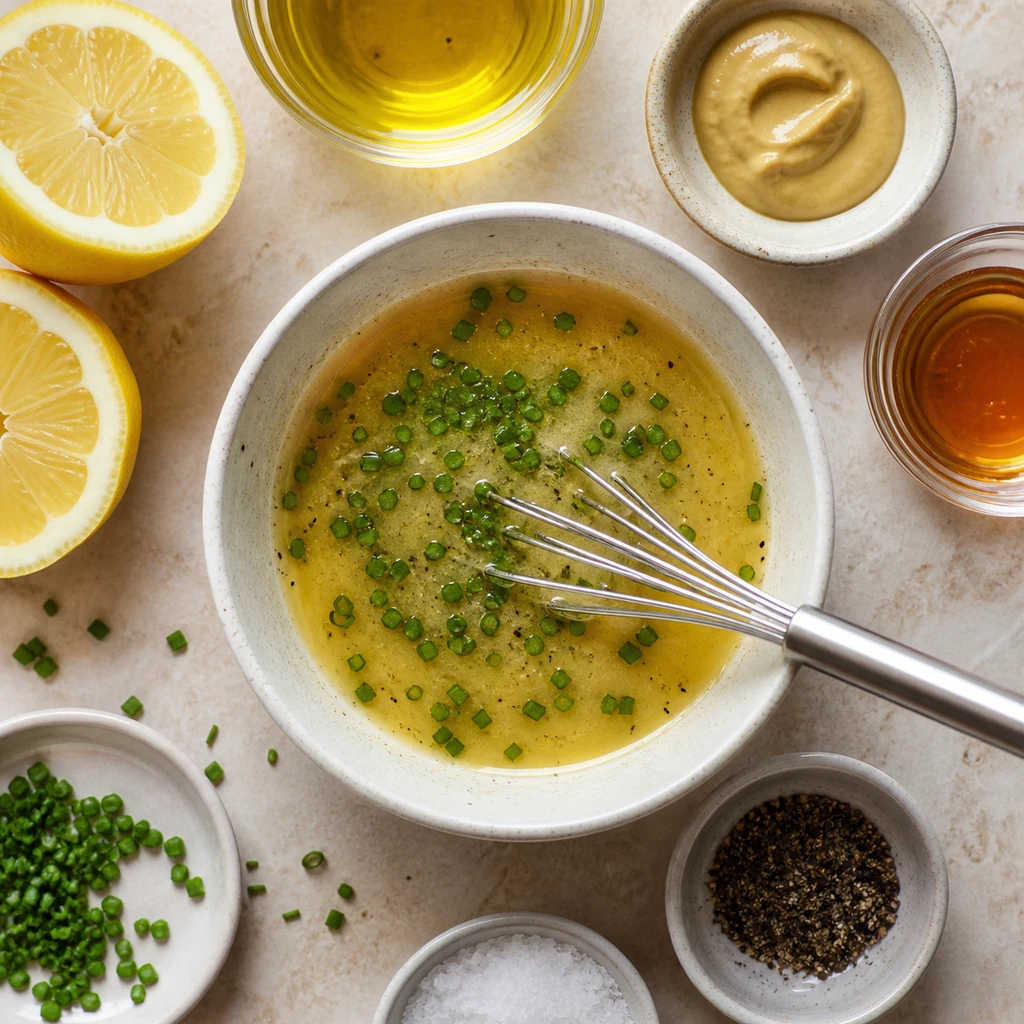 Lemon vinaigrette whisked with chives for lobster rolls