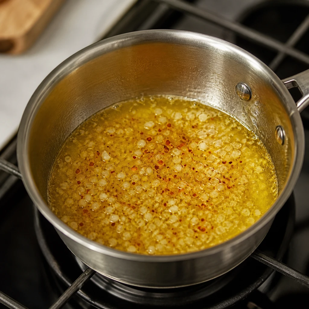 Garlic butter melting with paprika in a small saucepan