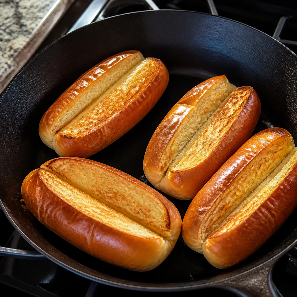 Split-top buns toasted golden in a skillet