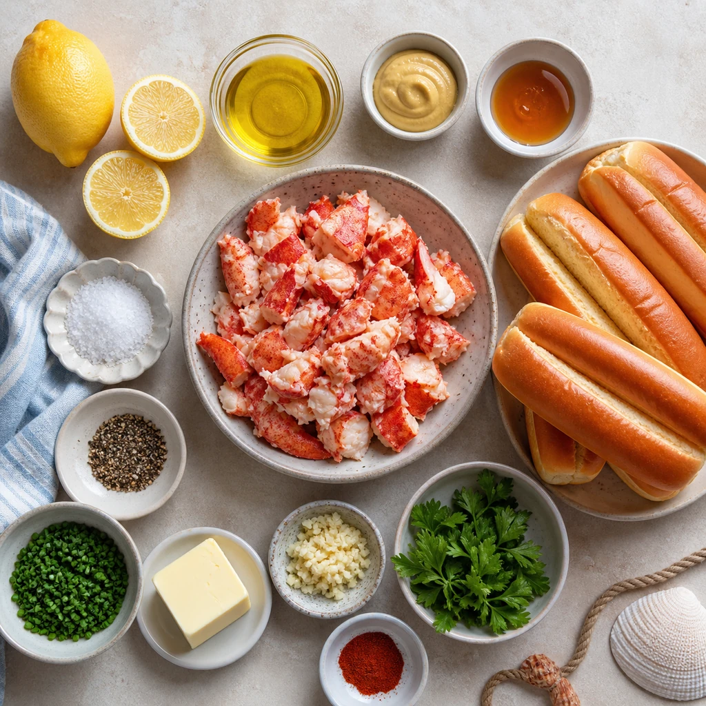 Ingredients for lobster rolls arranged together