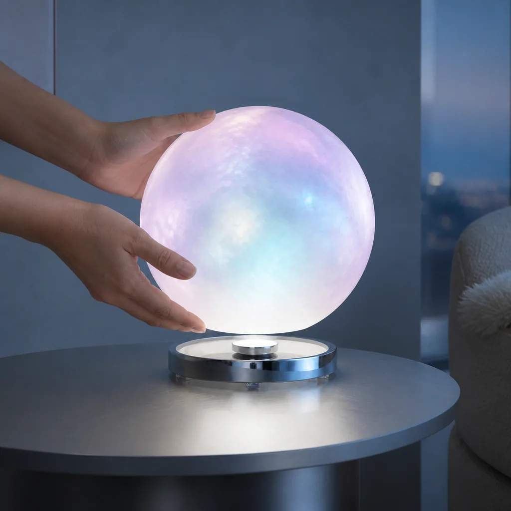 Finished opalescent globe lowered neck-down over the illuminated rechargeable puck light.