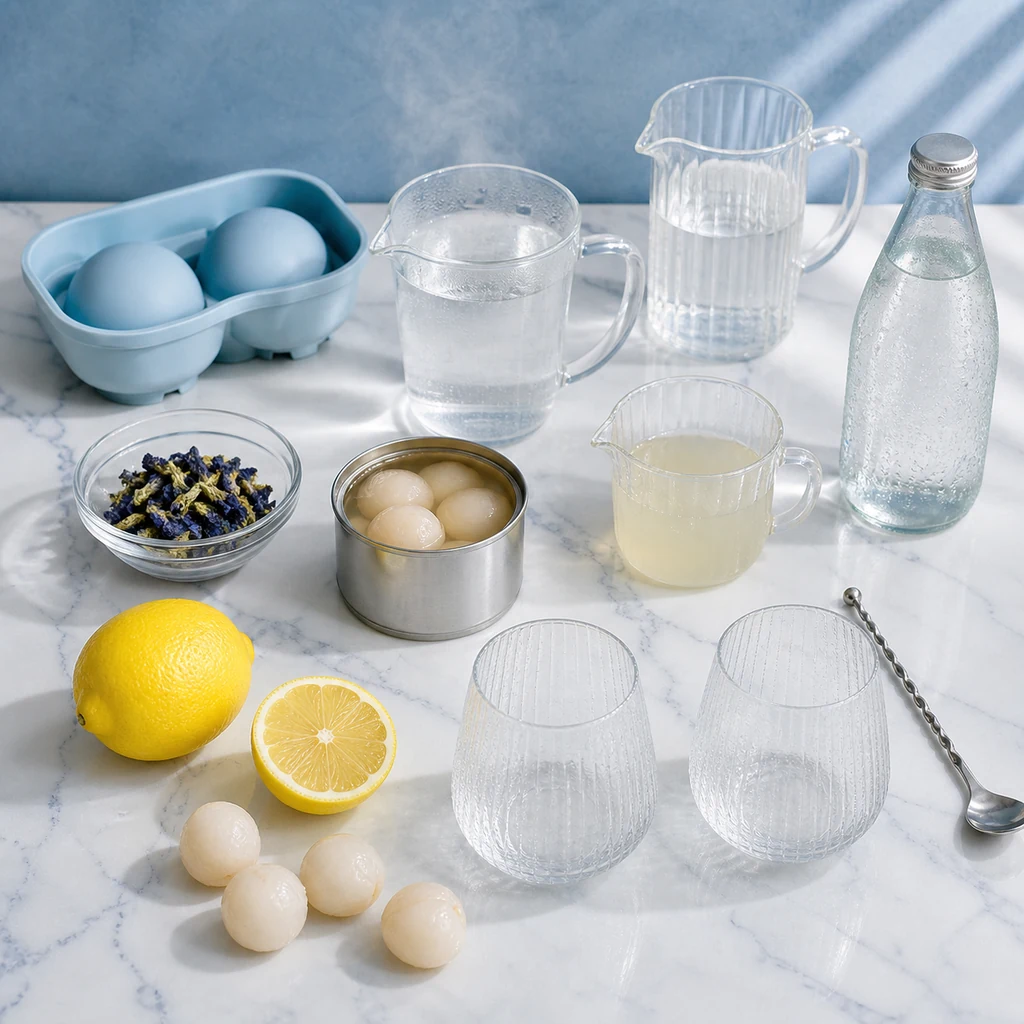 Ingredients for icy blue lychee butterfly pea mocktails