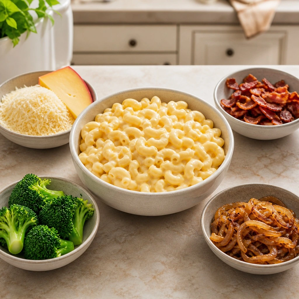 Creamy mac and cheese with optional cheeses bacon broccoli and caramelized onions arranged separately