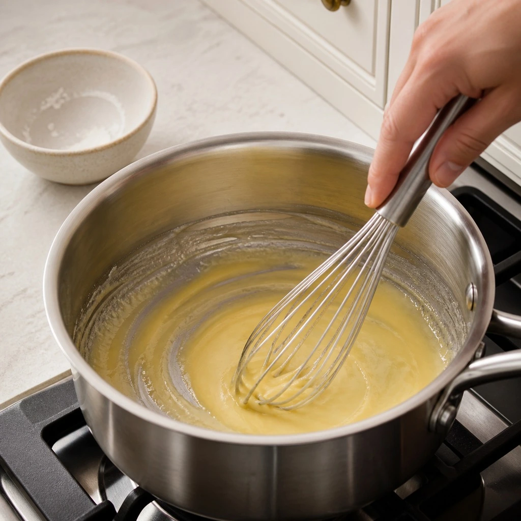 Whisking butter and flour into a smooth pale roux in a stainless saucepan
