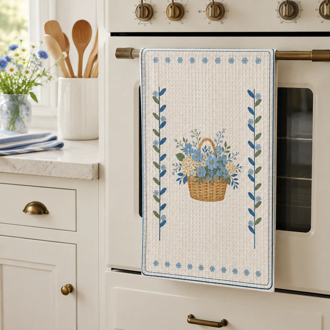 Market Flowers Tea Towel styled in a cottage kitchen, scene 1