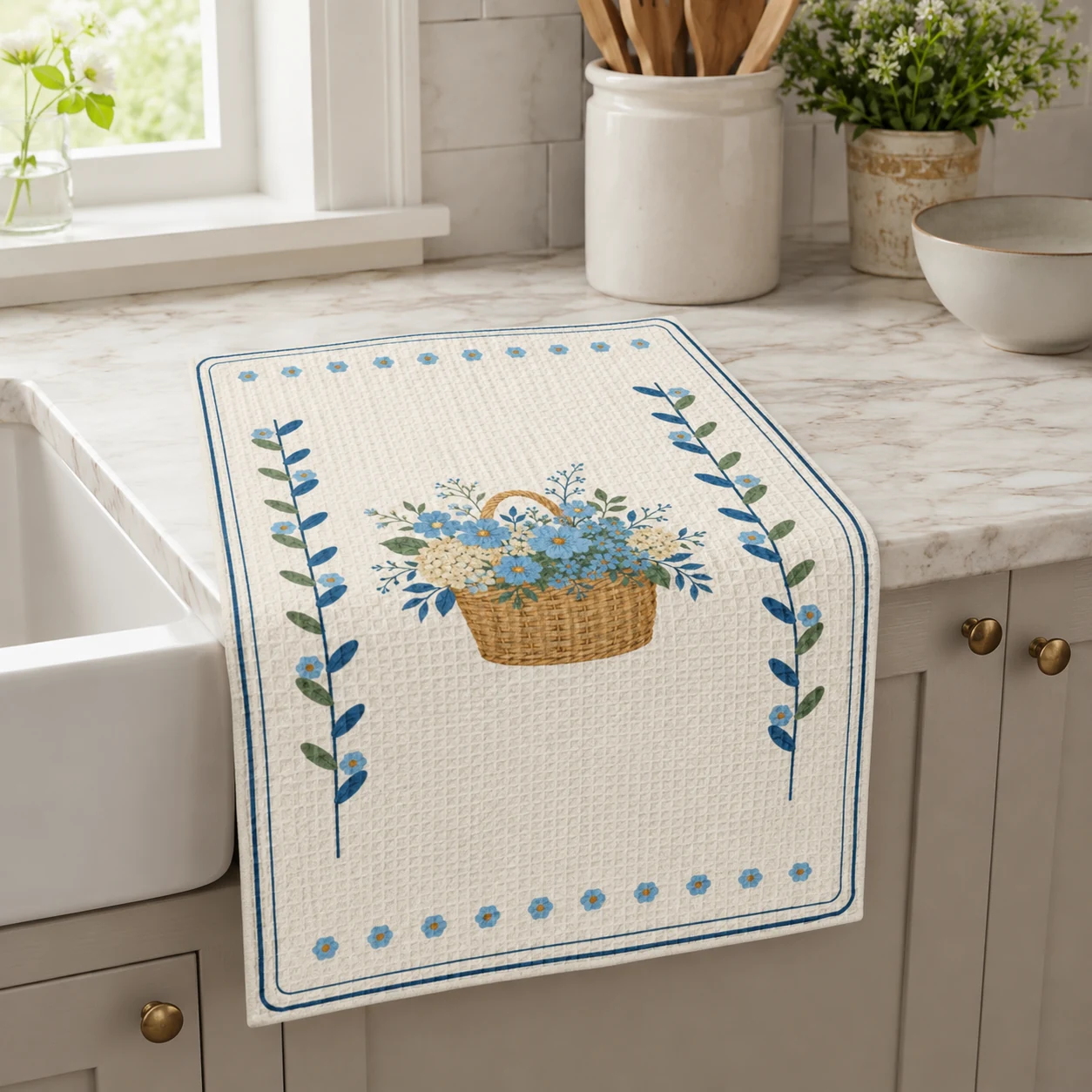 Market Flowers Tea Towel styled in a cottage kitchen, scene 2