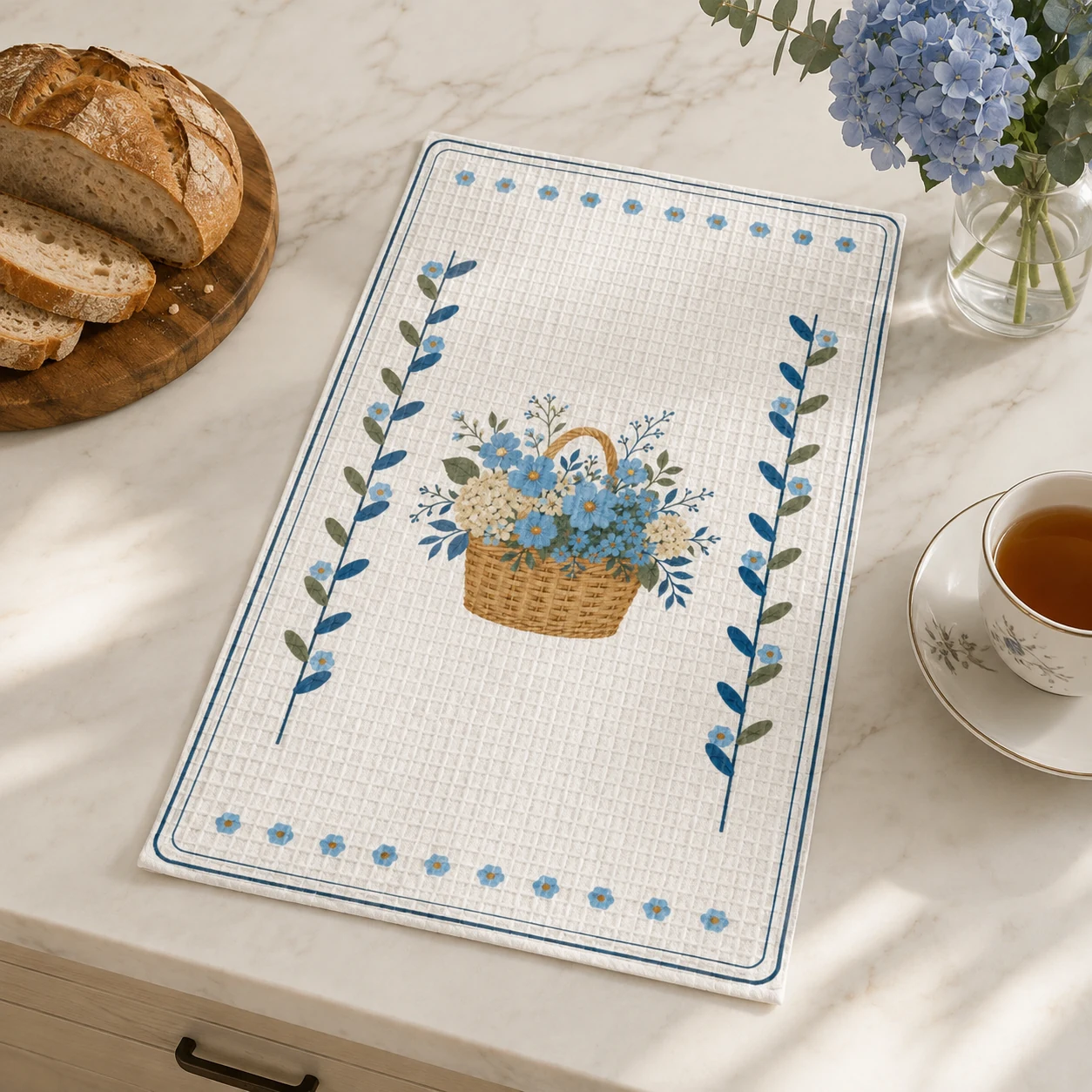 Market Flowers Tea Towel styled in a cottage kitchen, scene 3