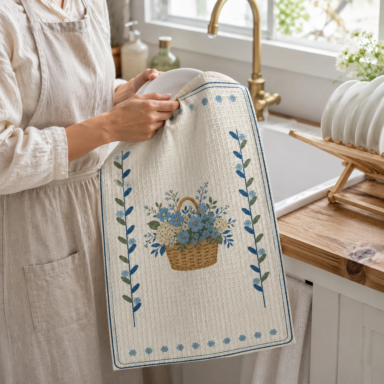 Market Flowers Tea Towel styled in a cottage kitchen, scene 4