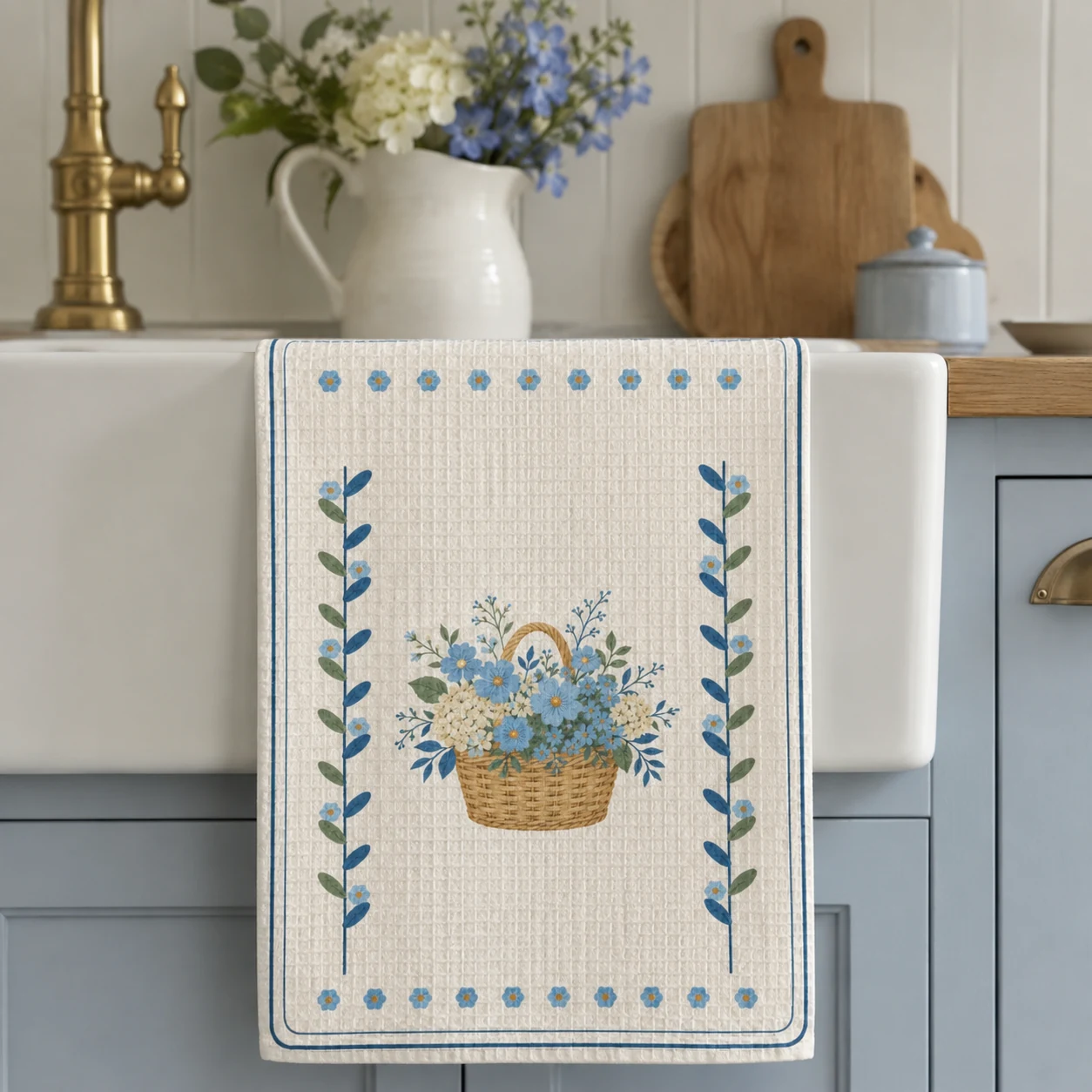 Market Flowers Tea Towel styled in a cottage kitchen, scene 5