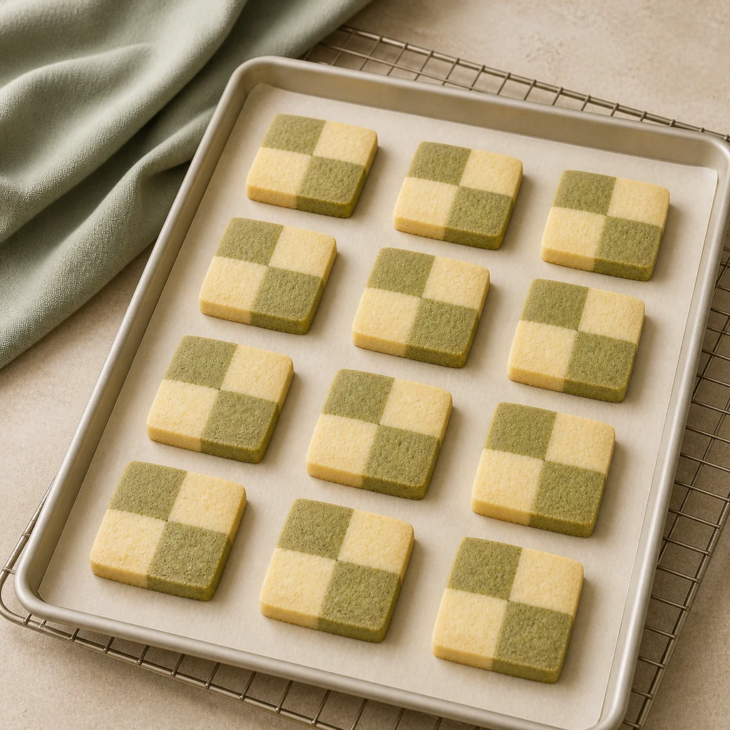 Baked jade and vanilla checkerboard shortbread cookies cooling on a sheet pan