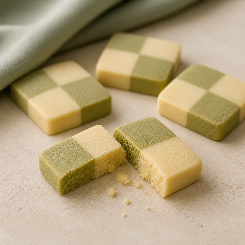 Broken matcha checkerboard cookie showing a fine sandy crumb