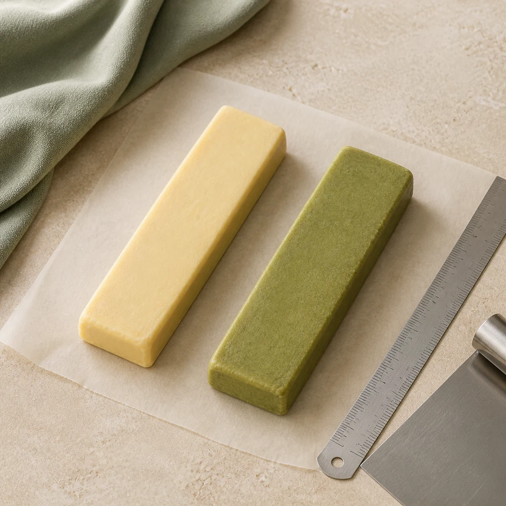 Vanilla and jade matcha shortbread dough slabs on parchment