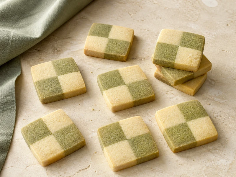 Jade matcha and vanilla checkerboard shortbread cookies