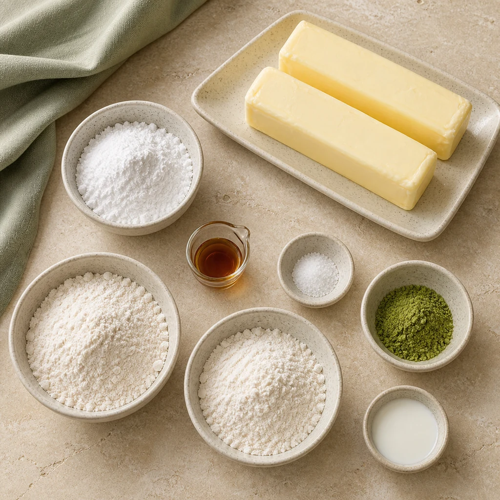Measured ingredients for matcha checkerboard shortbread cookies