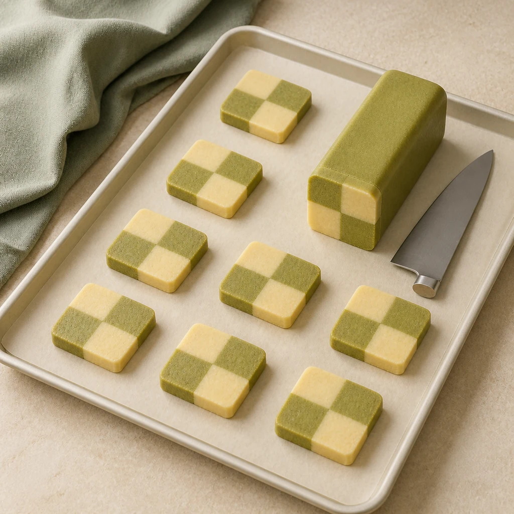 Raw matcha checkerboard cookie slices on a parchment-lined baking sheet