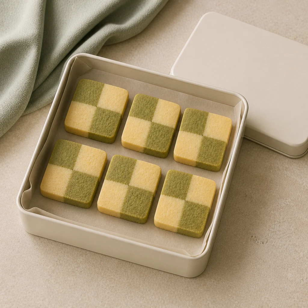 Matcha checkerboard shortbread cookies stored in a parchment-lined tin