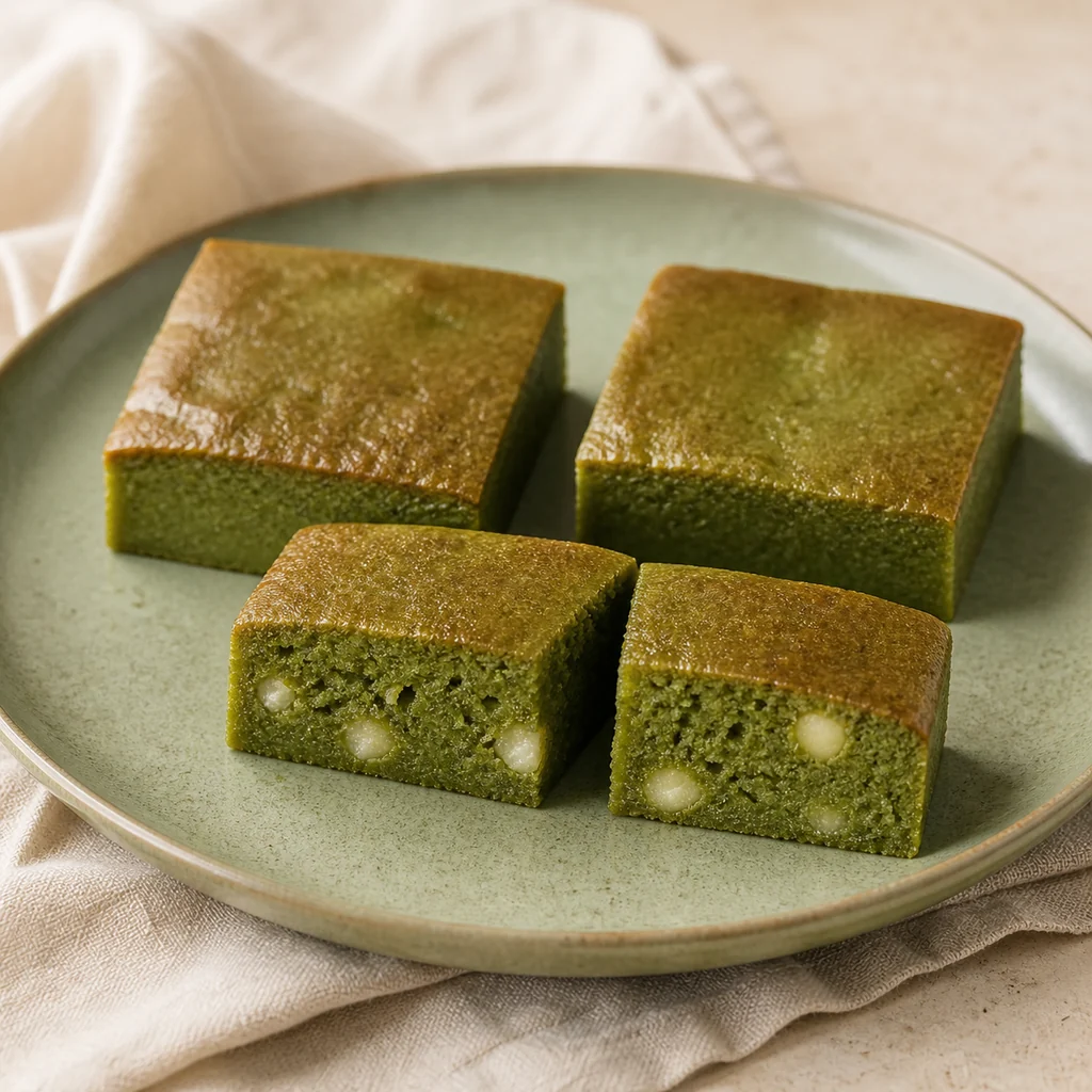 Three matcha mochi bars with a clean cutaway showing white chocolate pockets.
