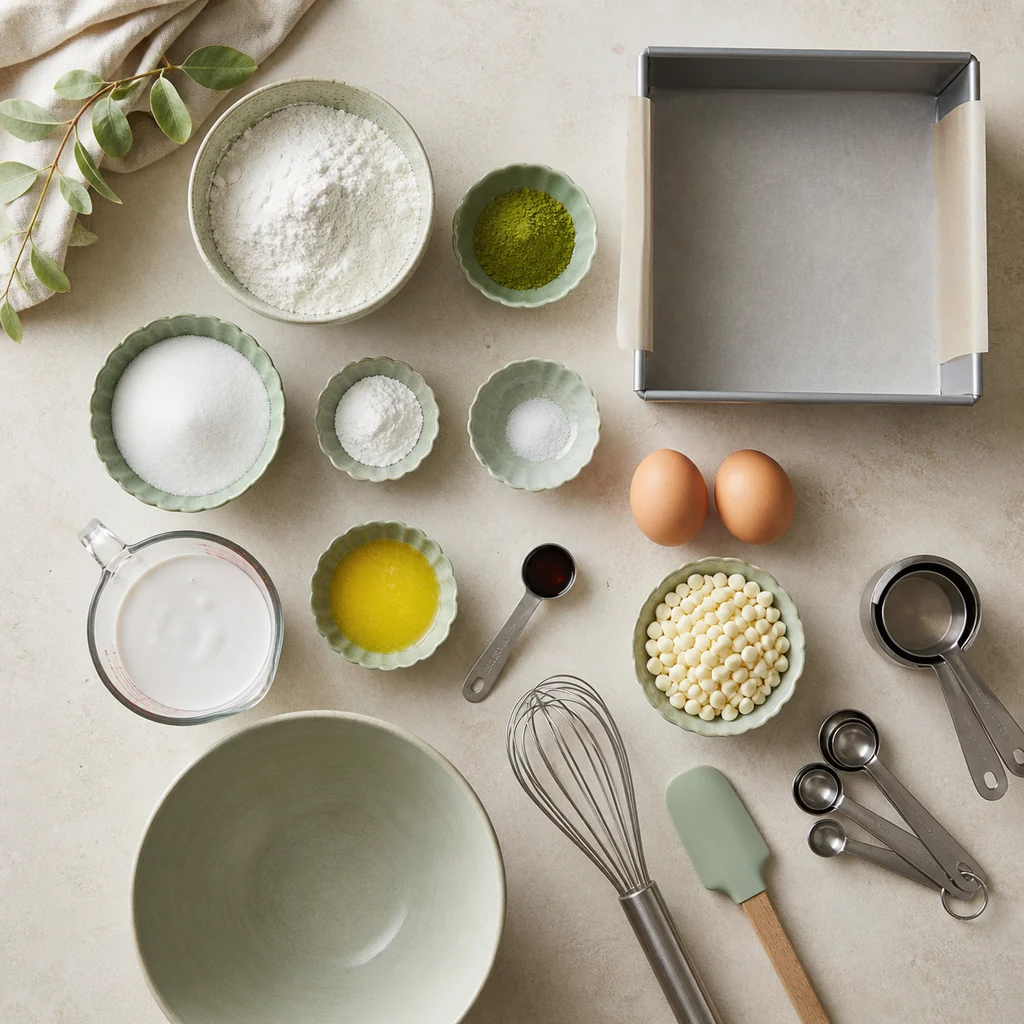 Measured matcha mochi bar ingredients beside an eight-inch parchment-lined pan.