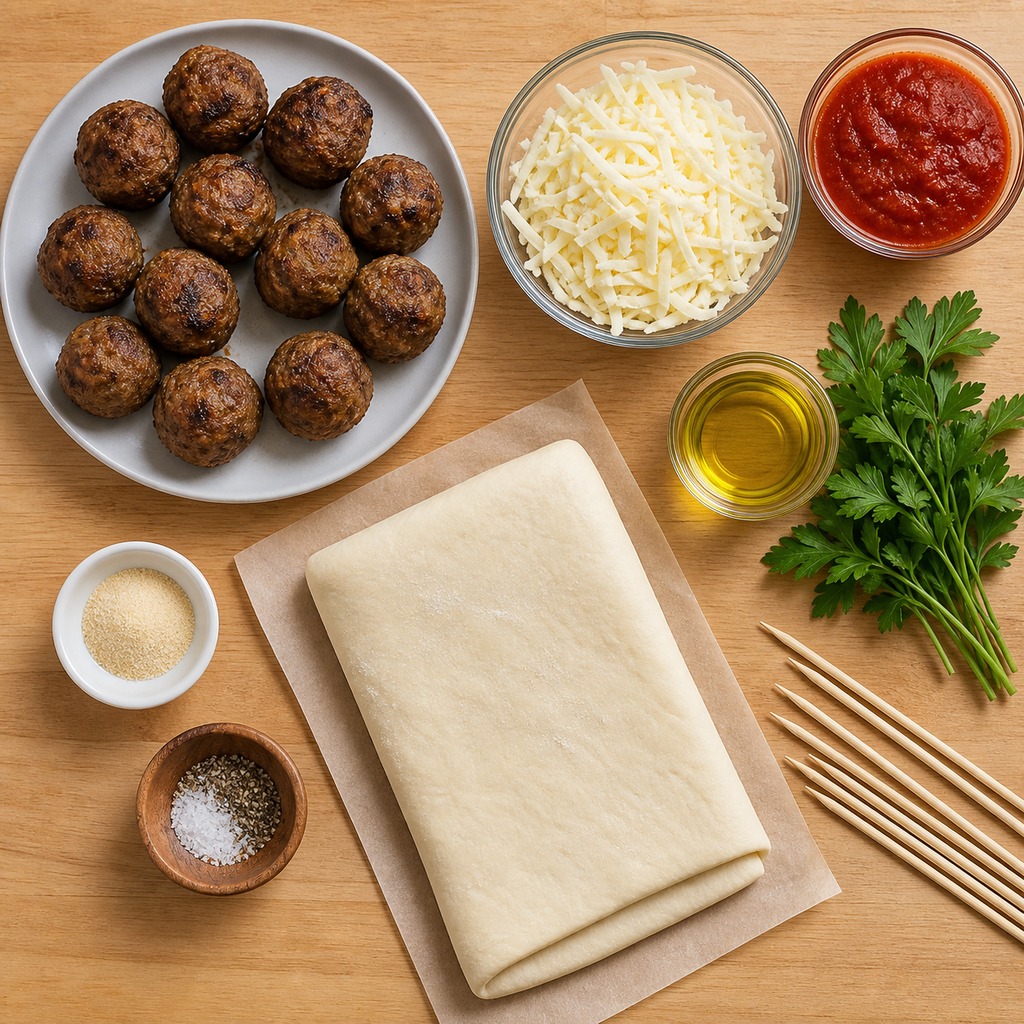 Ingredients for meatball subs on a stick arranged on a wooden counter