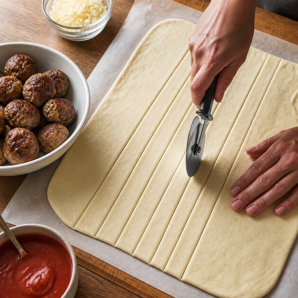 Breadstick dough cut into long strips beside cooked meatballs
