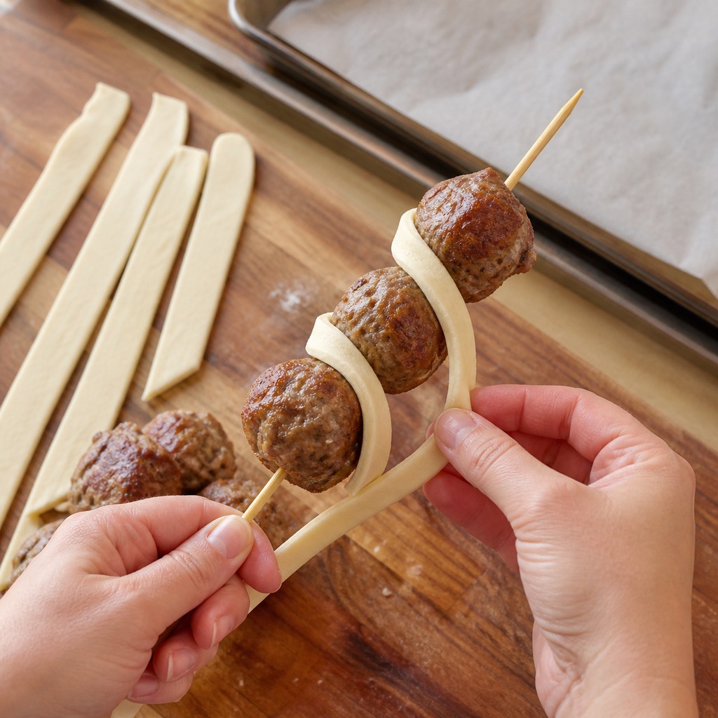 Cooked meatballs threaded on a skewer with breadstick dough being woven around them
