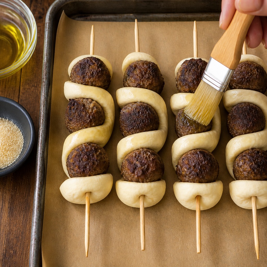 Cooked meatball skewers with dough brushed with olive oil on a baking sheet